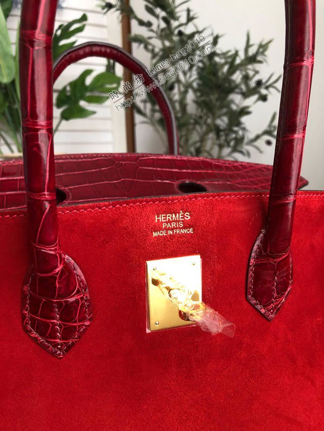 Hermes女包 愛馬仕經典款brikin包 手工蠟線縫製 鱷魚皮拼麂皮 金扣 Hermes拼色手提女包  am2052